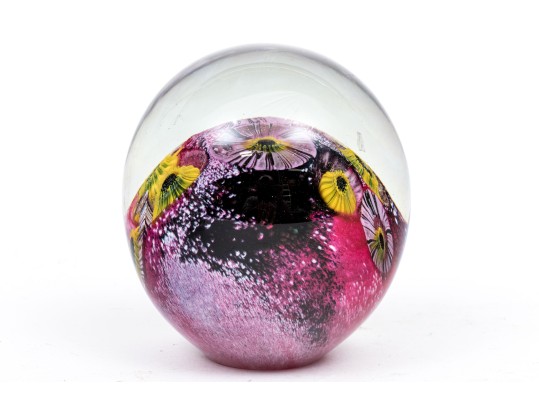 Signed Art Glass Floral Paperweight
