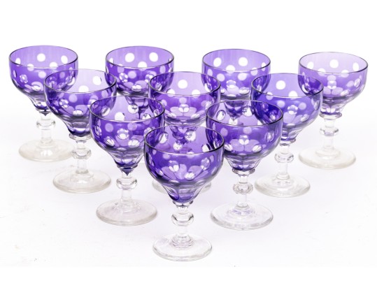 Set Of Ten Bohemian Amethyst Cut To Clear Dessert Wine Glasses
