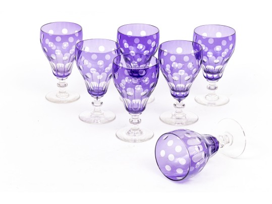 Set Of Seven Bohemian Amethyst Cut To Clear Goblets