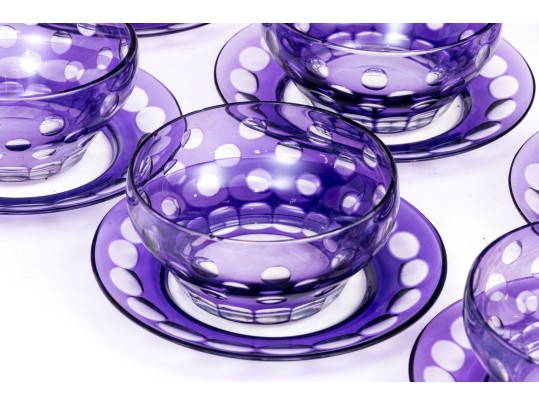 Set Of Ten Bohemian Style Amethyst To Clear Cut Bowls With Plates