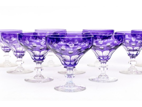 Set Of Ten Bohemian Style Amethyst Cut To Clear Cocktail Coupes