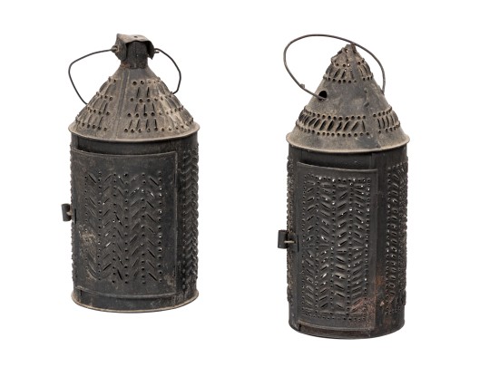 Pair Of Pierced Metal Candle Lanterns