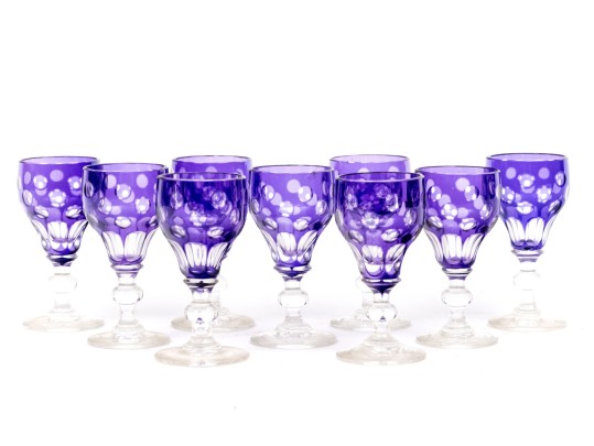 Set Of Nine Bohemian Amethyst Cut To Clear Goblets