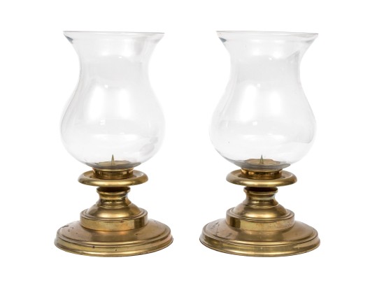 Large Pair Of Brass And Glass Candle Hurricanes