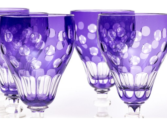 Set Of Seven Bohemian Amethyst Cut To Clear Goblets