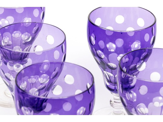 Set Of Seven Bohemian Amethyst Cut To Clear Goblets