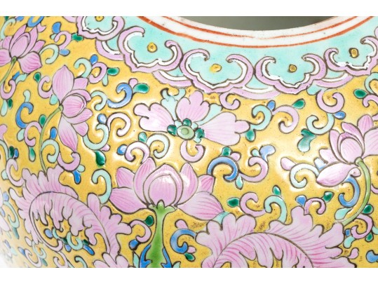 Pair Of Chinese Famille Rose On Yellow Ground Porcelain Jars On Stands