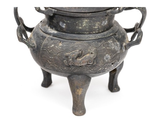 Chinese Bronze Twin-Handled And Lidded Tripod Censer