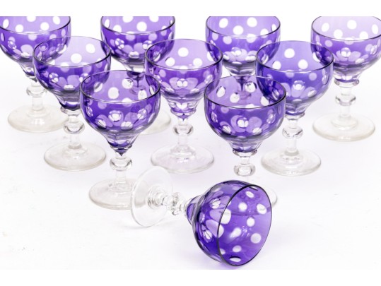 Set Of Ten Bohemian Amethyst Cut To Clear Dessert Wine Glasses