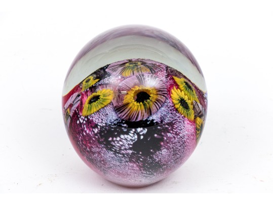 Signed Art Glass Floral Paperweight