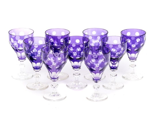 Set Of Nine Bohemian Amethyst Cut To Clear Goblets