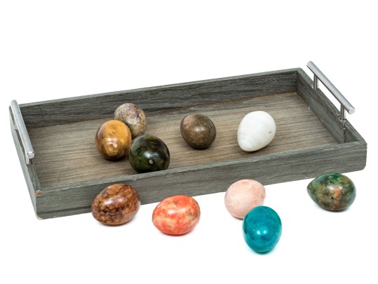 Decorative Twin Handled Tray With Ten Carved Stone Eggs