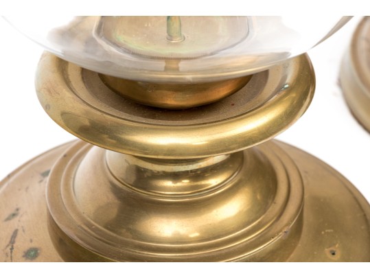 Large Pair Of Brass And Glass Candle Hurricanes