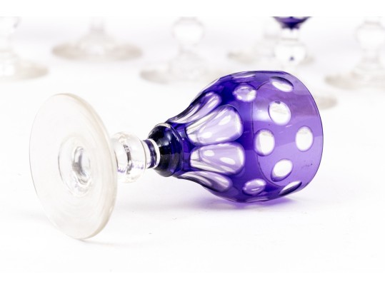 Set Of Nine Bohemian Amethyst Cut To Clear Goblets