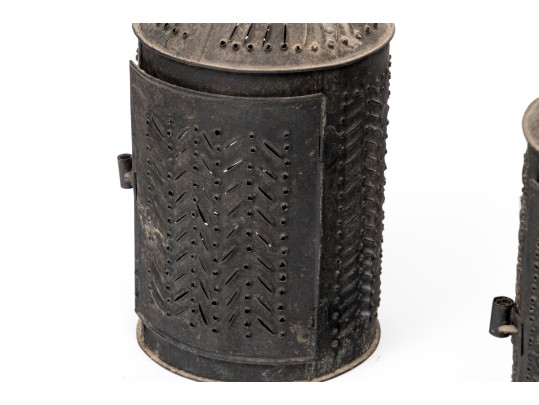 Pair Of Pierced Metal Candle Lanterns