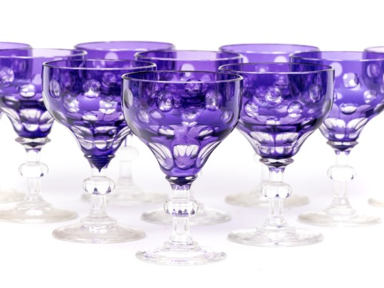 Set Of Ten Bohemian Amethyst Cut To Clear Dessert Wine Glasses