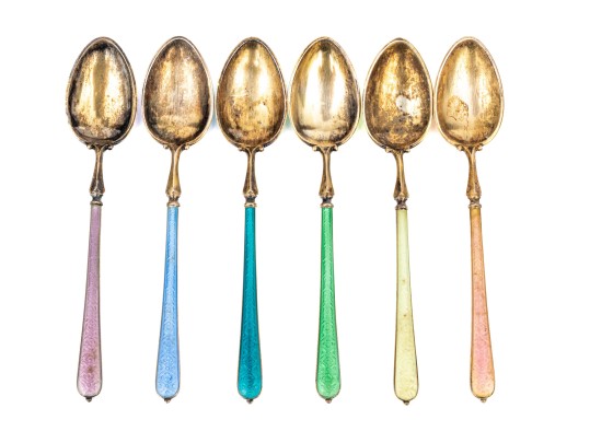 Fine Set Of Six Norwegian Sterling And Enameled Demitasse Spoons