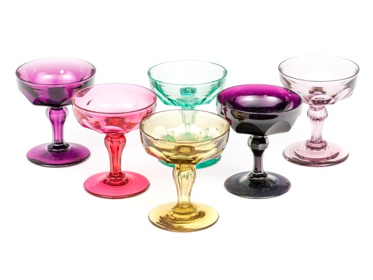 Set Of Six Colorful Stemmed Champagne Coupes
