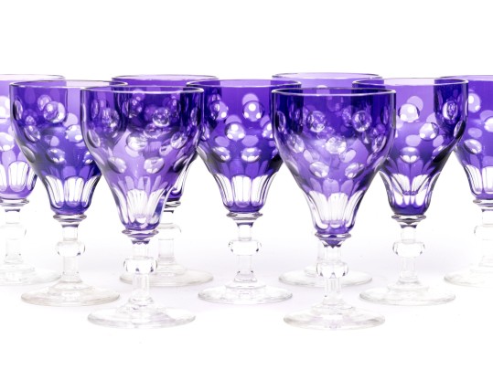 Set Of Nine Bohemian Amethyst Cut To Clear Goblets
