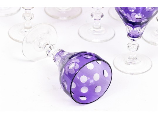 Set Of Nine Bohemian Amethyst Cut To Clear Goblets