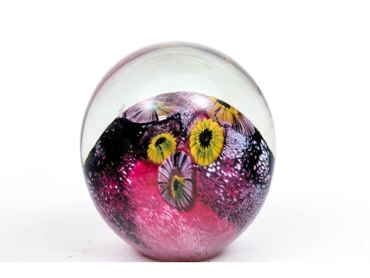 Signed Art Glass Floral Paperweight