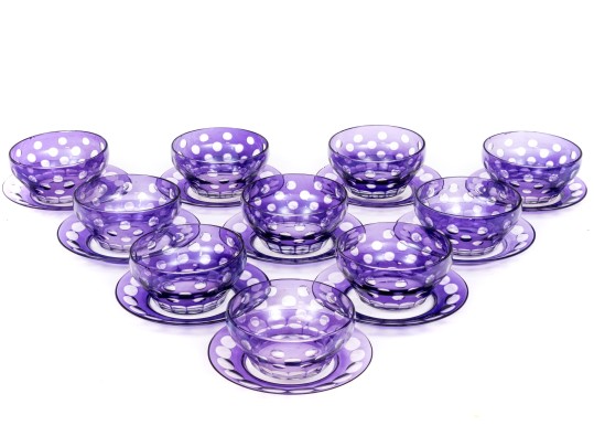 Set Of Ten Bohemian Style Amethyst To Clear Cut Bowls With Plates