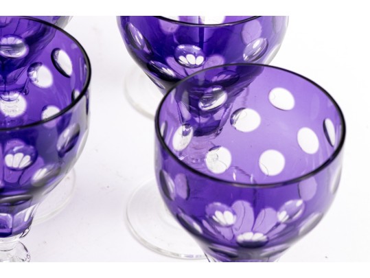 Set Of Nine Bohemian Amethyst Cut To Clear Goblets