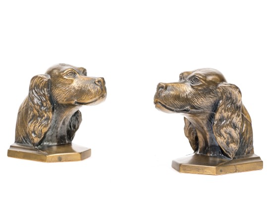 Pair Of Brass Tone Dog Head Bookends