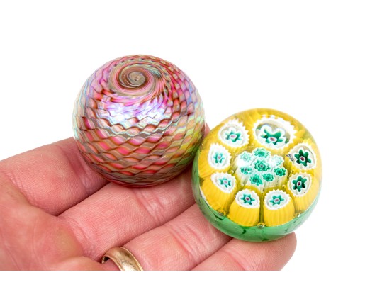 Gorgeous Group Of Two Diminutive Artisanal Glass Paperweights