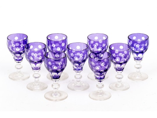 Set Of Nine Bohemian Amethyst Cut To Clear Goblets