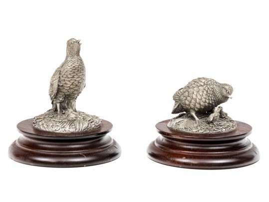 Set Of Two Robert K. Davis Chilmark Pewter Bobwhite Quails On Wood Stands