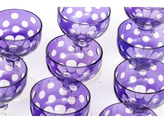 Set Of Ten Bohemian Amethyst Cut To Clear Dessert Wine Glasses