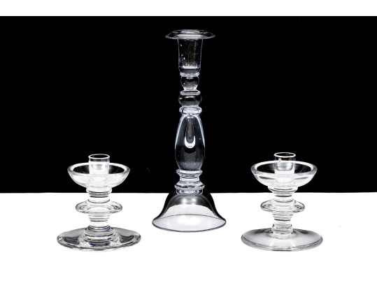 Pair Of Val St. Lambert Crystal Candlesticks With Single Glass Candlestick