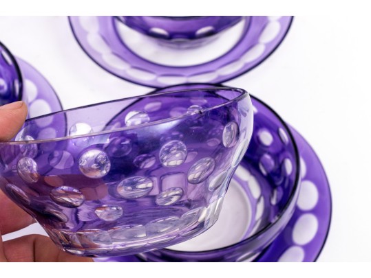 Set Of Ten Bohemian Style Amethyst To Clear Cut Bowls With Plates