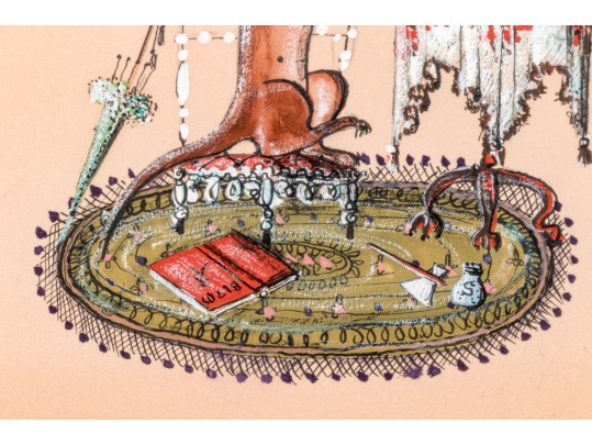 Mason Wells Mixed Media On Paper, Dachshund Having Tea