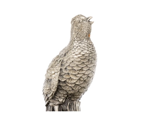 Set Of Two Robert K. Davis Chilmark Pewter Bobwhite Quails On Wood Stands