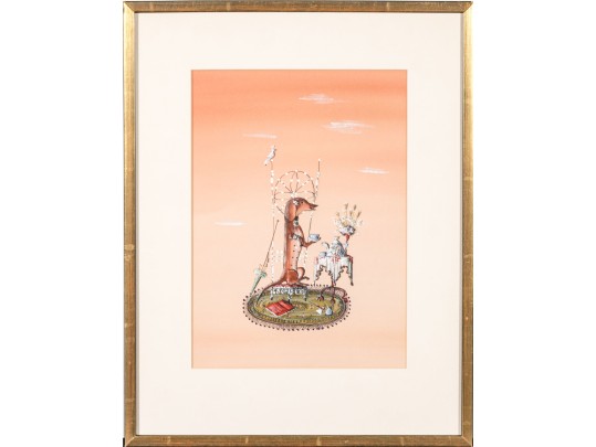Mason Wells Mixed Media On Paper, Dachshund Having Tea