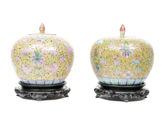 Pair Of Chinese Famille Rose On Yellow Ground Porcelain Jars On Stands