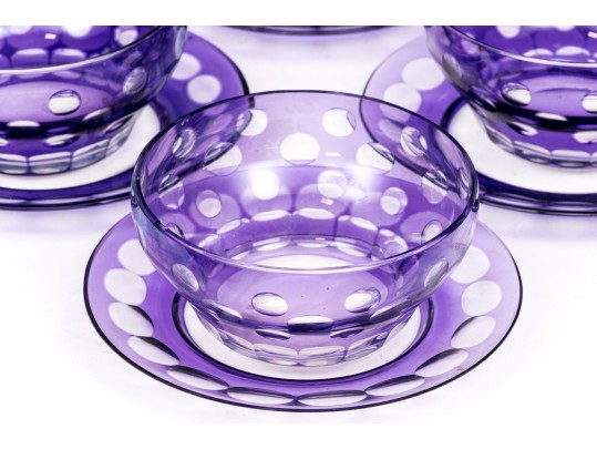 Set Of Ten Bohemian Style Amethyst To Clear Cut Bowls With Plates