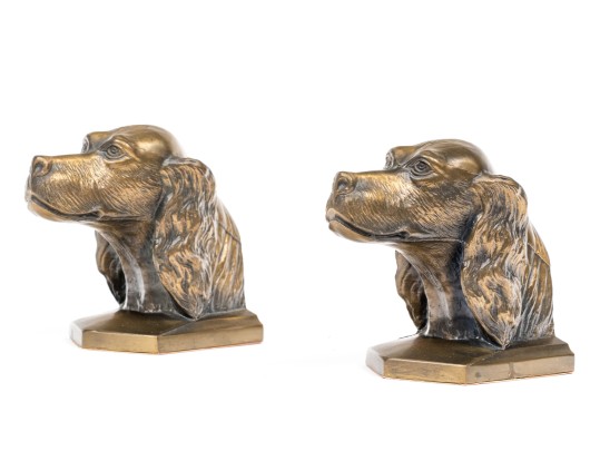 Pair Of Brass Tone Dog Head Bookends