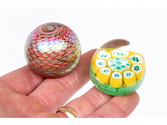 Gorgeous Group Of Two Diminutive Artisanal Glass Paperweights