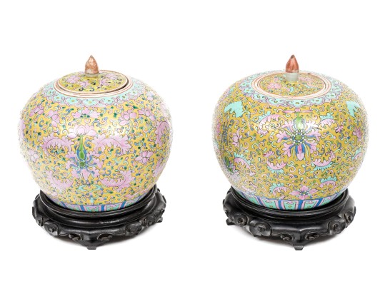 Pair Of Chinese Famille Rose On Yellow Ground Porcelain Jars On Stands