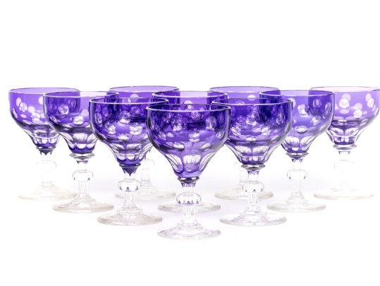 Set Of Ten Bohemian Amethyst Cut To Clear Dessert Wine Glasses