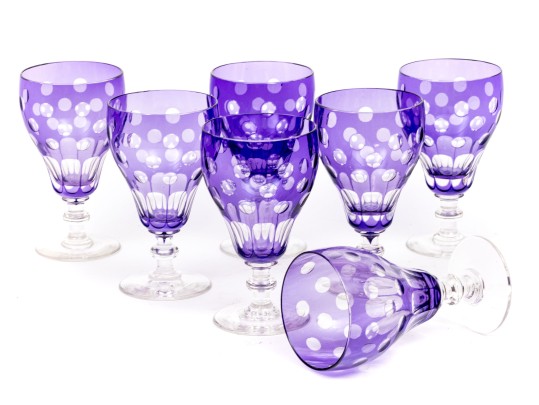 Set Of Seven Bohemian Amethyst Cut To Clear Goblets