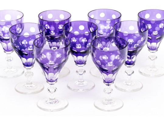 Set Of Nine Bohemian Amethyst Cut To Clear Goblets