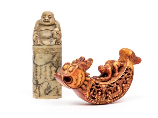 Group Of Two Chinese Carvings, Including A Soapstone Buddha Seal