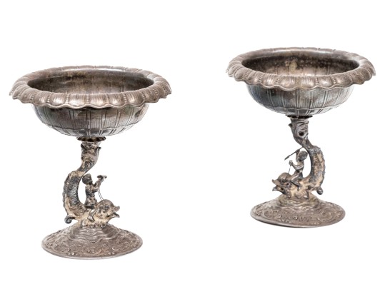 Pair Of Continental Silver Grotesque Dolphin Compotes, 20.155 Gross Ozt.