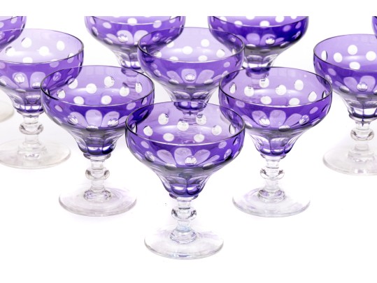 Set Of Ten Bohemian Style Amethyst Cut To Clear Cocktail Coupes
