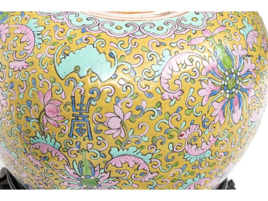 Pair Of Chinese Famille Rose On Yellow Ground Porcelain Jars On Stands