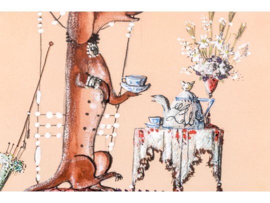Mason Wells Mixed Media On Paper, Dachshund Having Tea